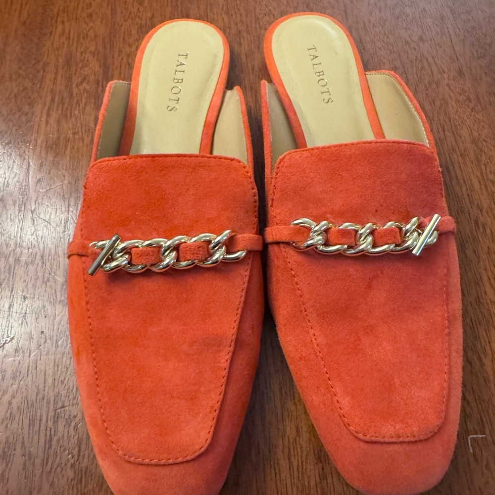 Talbots Vibrant Orange Suede Mules with Gold Accent